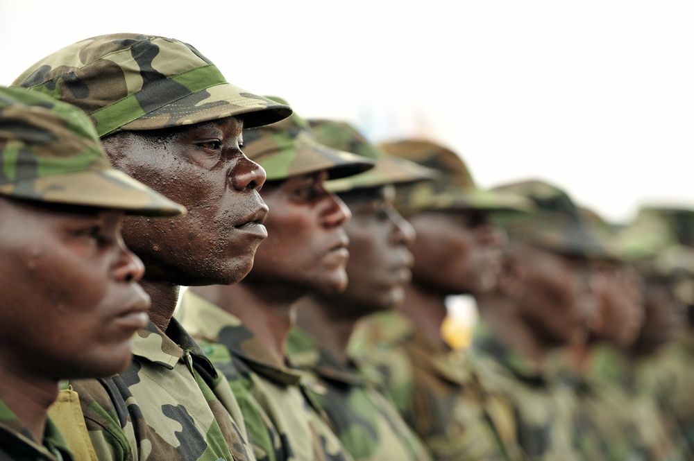 A Uganda Peoples Defense Force Soldier Stands in Formation During a Demonstration of Skills Learned During the UPDF Non-Commissioned Officers Academy in Jinja.