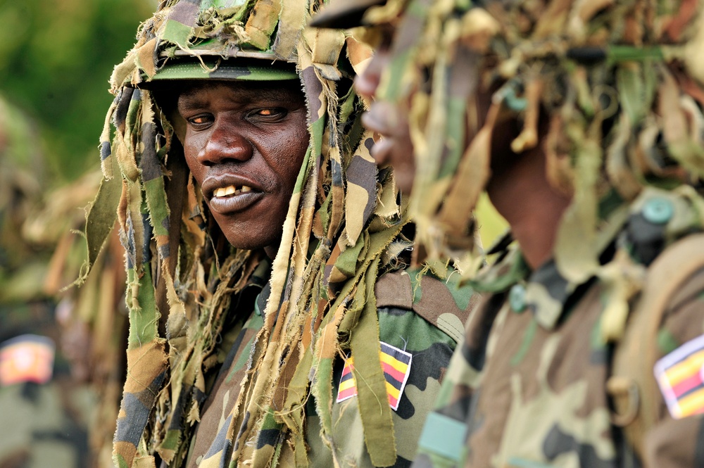 A Uganda Peoples Defense Force soldier stands in formation during a demonstration of skills learned during the UPDF Non-Commissioned Officers Academy in Jinja.