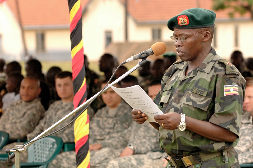 Uganda Peoples Defense Force soldiers stand in formation during a demonstration of skills learned at the UPDF Non-Commissioned Officers Academy in Jinja,