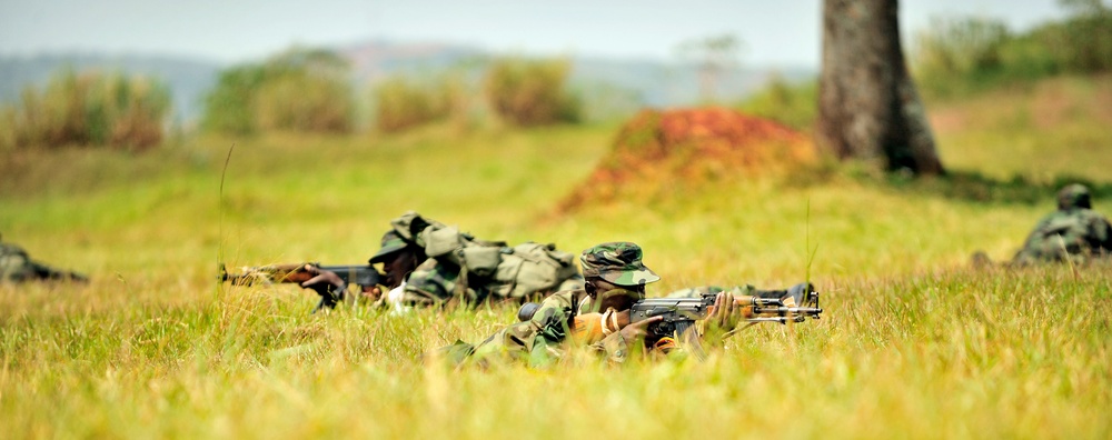 Uganda Peoples Defense Force soldiers demonstrate skills learned during the UPDF Non-Commissioned Officers Academy (NCOA) in Jinja.