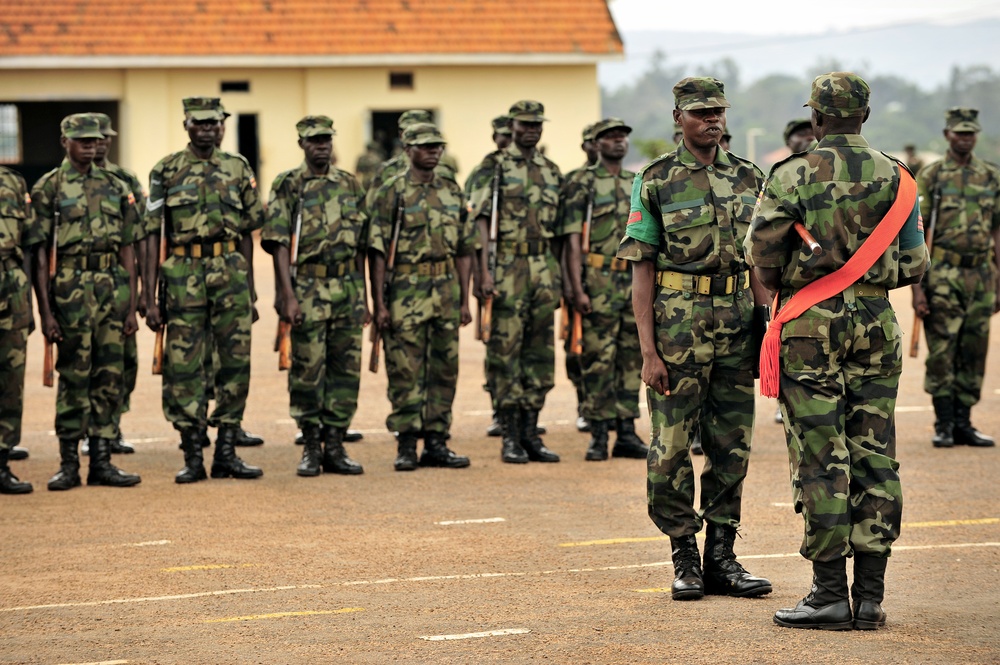 Uganda Peoples Defense Force soldiers stand in formation during a demonstration of skills learned at the UPDF Non-Commissioned Officers Academy in Jinja,