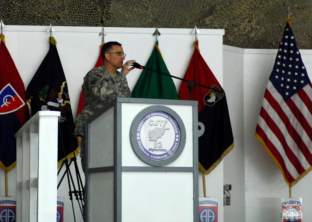 Major Gen. Curtis Scaparrotti, Combined Joint Task Force 82 commander, speaks during a Veterans Day Ceremony Nov. 11. The ceremony was held in honor of the men and women serve around the world in harm's way in the armed forces. Scaparrotti hails from Loga