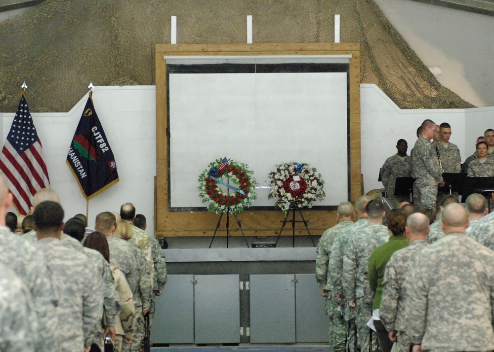 Wreaths in honor of Veterans Day were placed on stage Nov. 11. A Veterans Day Ceremony was held in honor of the men and women serve around the world in harm's way in the armed forces.