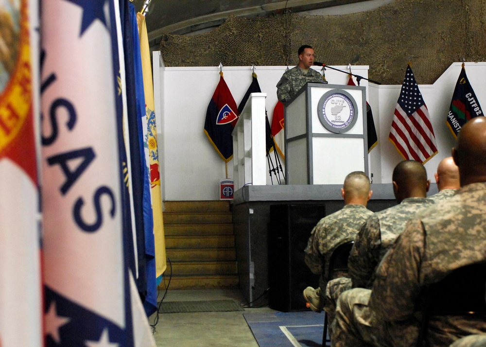 Army Sgt. First Class Raleigh Sell, the protocol non-commissioned officer in charge from Combined Joint Task Force 82, performs emcee duties during a Veterans Day Ceremony Nov. 11. Sell is deployed from Fort Bragg, N.C., and hails from Griffith, Ind.