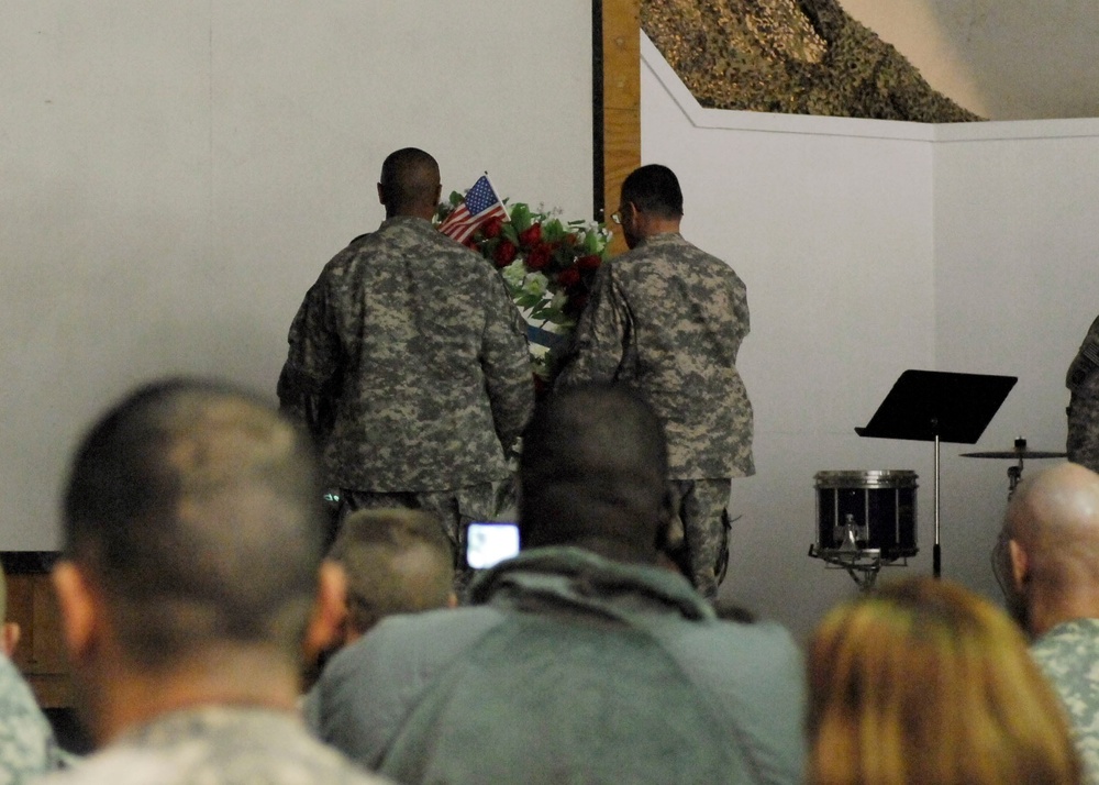 Major Gen. Curtis Scaparrotti, Combined Joint Task Force 82 commander, and Command Sgt. Major Thomas Capel, Division Command Sergeant Major of CJTF 82, place a wreath in honor of Veterans Day Nov. 11. Scaparrotti hails from Logan, Ohio. Capel hails from E