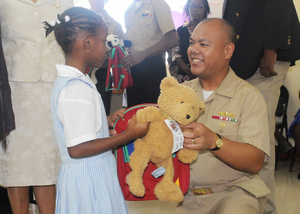 Security Cooperation Marine Air-Ground Task Force Marines and Wasp Sailors Deliver School Supplies, Teddy Bears and Medical Supplies to Jamaican School and Hospital