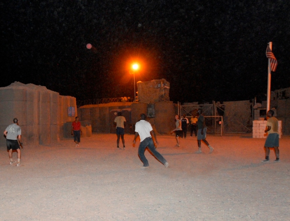 GOOOOAL! Camaraderie to be found in the night time soccer games at Camp Savage