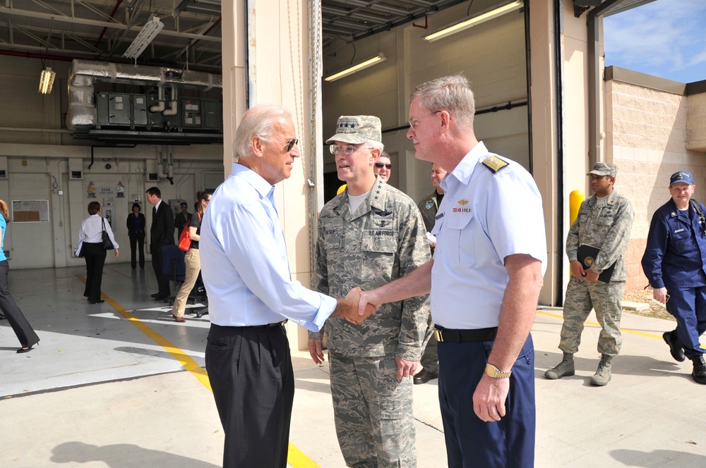 Vice President Biden Greets U.S. Coast Guard Admiral During Haiti Relief Briefings
