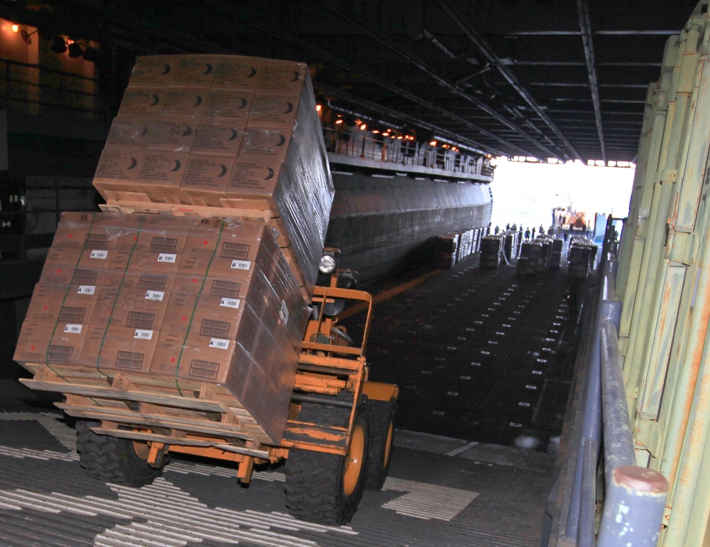 Amphibious Assault Ship USS Bataan, Stages Pallets an Upcoming Mission to Re-supply Marines