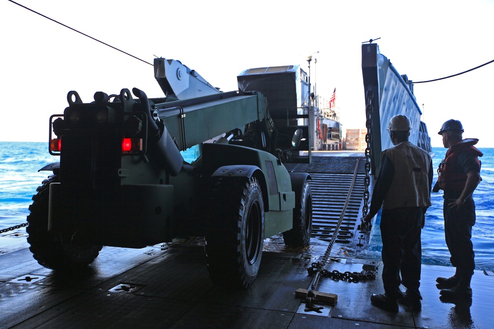 Amphibious Assault Ship USS Bataan, Stages Pallets an Upcoming Mission to Re-supply Marines