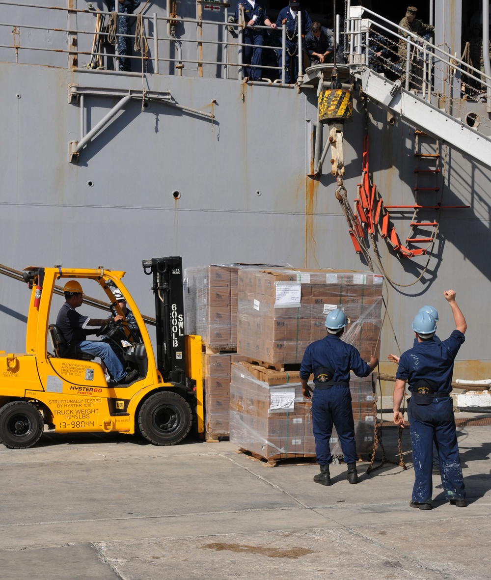 A yellow Hyster 60 Fortis forklift is positioning a palletized load of boxed cargo on a dock alongside a large gray military or naval vessel. Two workers in blue coveralls and light blue hard hats are guiding the pallet, which is being rigged to a crane hook descending from the ship. Personnel are visible on the ship's deck observing the loading operation.