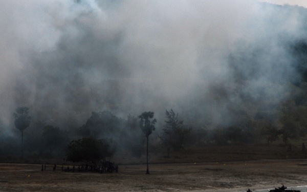 The image depicts an amphibious military assault exercise with multiple armored vehicles emerging from shallow coastal waters onto a beach. A large smoke screen obscures the background, which features a hillside with tropical vegetation. A group of observers or personnel is visible on the beach in the middle distance.