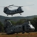 The image shows three U.S. Marines CH-46 Sea Knight tandem-rotor helicopters in a field setting with wooded hills in the background. One helicopter is airborne and hovering low, while two others are on the ground with rotors spinning. The 'MARINES' markings are visible on the fuselages, indicating these are U.S. Marine Corps aircraft.