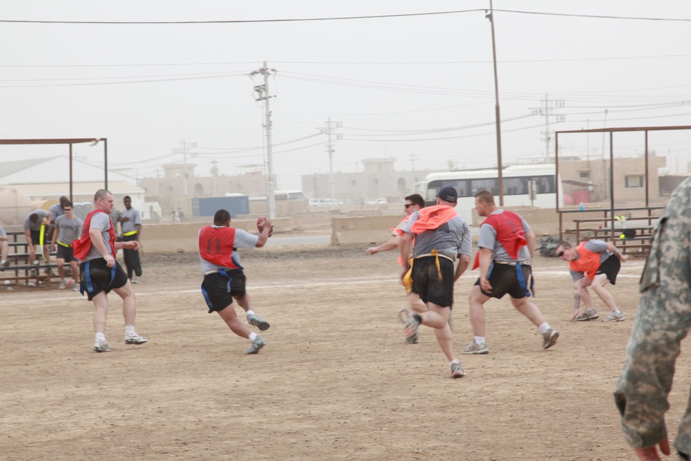 U.S. Soldiers from 2-23 Infantry Regiment play a volleyball game on Camp Taji