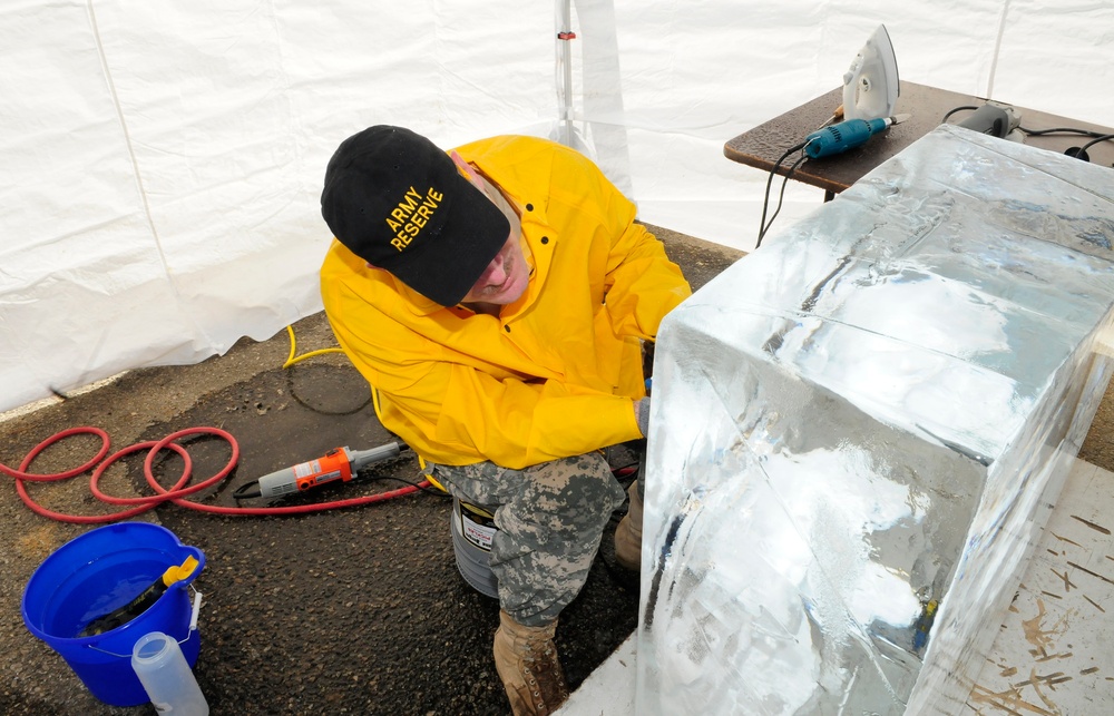 Sgt. Skinner competes in single block ice carving at the Army Culinary Arts Competition