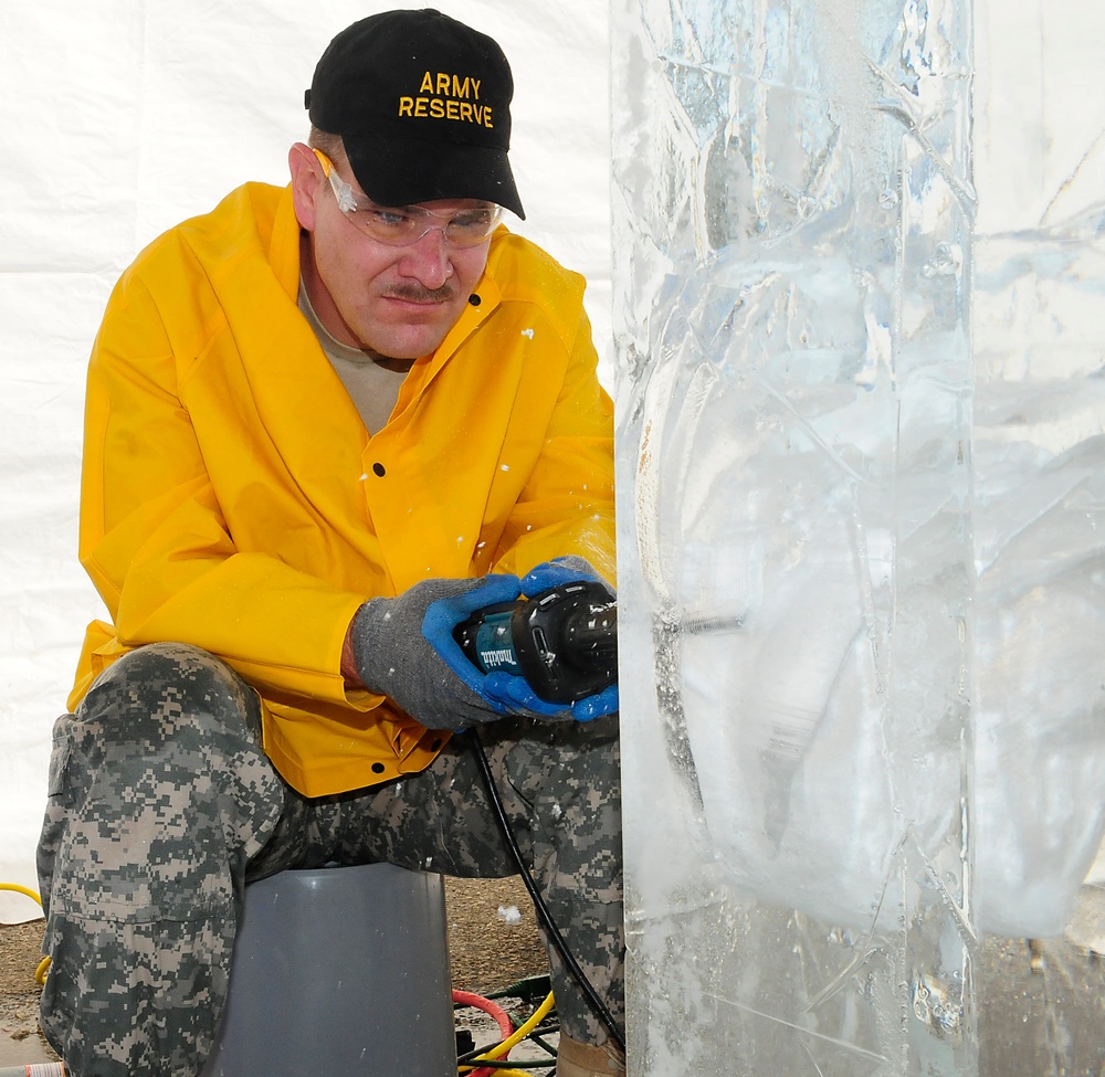 Sgt. Skinner competes in single block ice carving at the Army Culinary Arts Competition