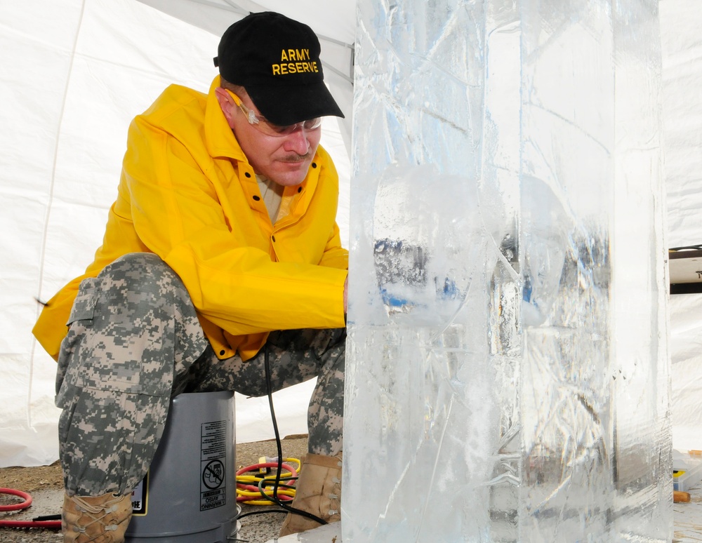 Sgt. Skinner competes in single block ice carving at the Army Culinary Arts Competition