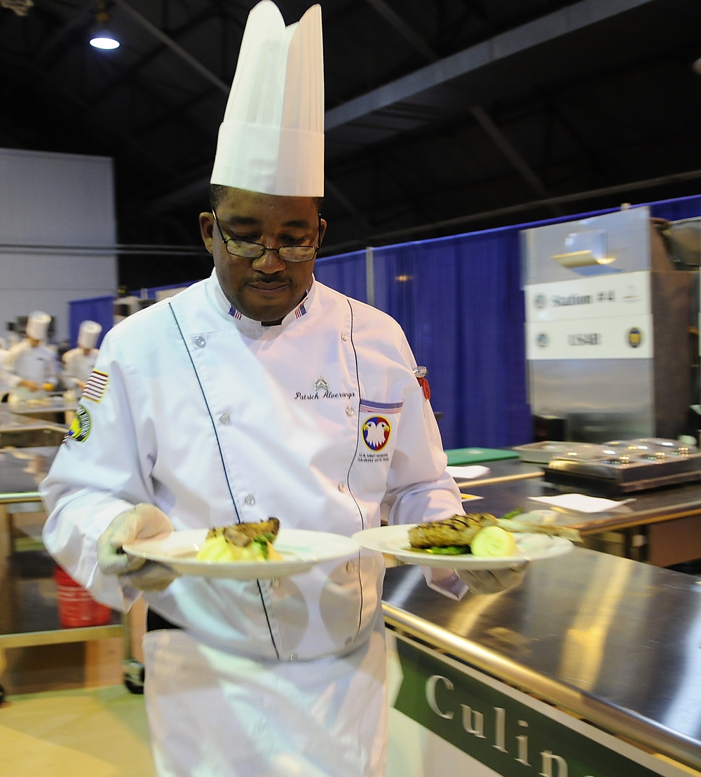 Army Reserve Sgt. Alveranga competes in the Contemporary Category event at Army Culinary Arts Competition