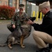 Two military personnel are interacting with a German Shepherd dog in a parking lot outside a brick building. One individual is wearing woodland camouflage BDU uniform with a patrol cap, while the other is dressed in a dark Navy-style uniform with a white garrison cap. Both are crouching down to engage with the dog, which appears calm and attentive.