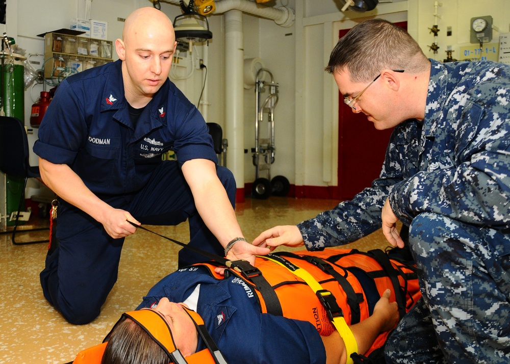 stretcher-bearer training aboard  USS Bataan