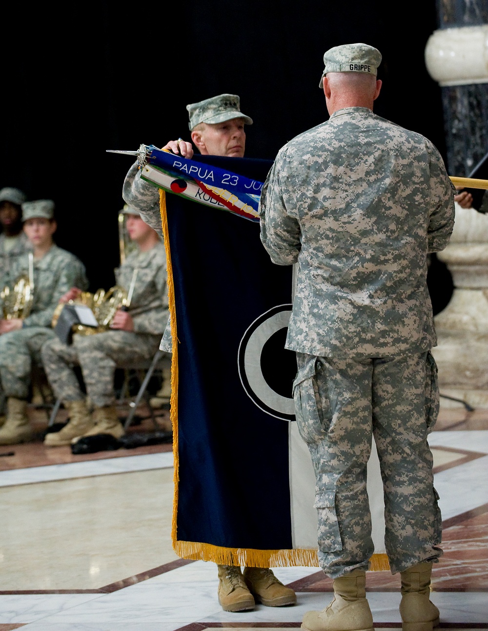 Lt. Gen Charles H. Jacoby Jr. and Command Sgt. Maj. Frank A. Grippe Case the I-Corps Colors at Al Faw Palace in Baghdad, Iraq