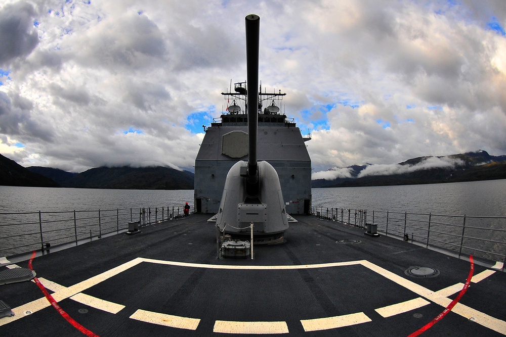USS Bunker Hill transits the Strait of Magellan