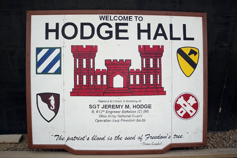&quot;Hodge Hall&quot; closes its doors: 16th Engineer Brigade to present memorial sign to parents of fallen Soldier
