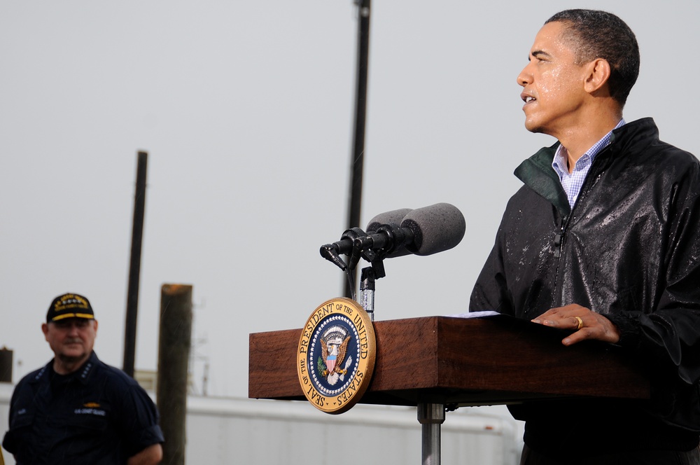 President Obama Addresses Members of the Press at Coast Guard Station Venice, La.
