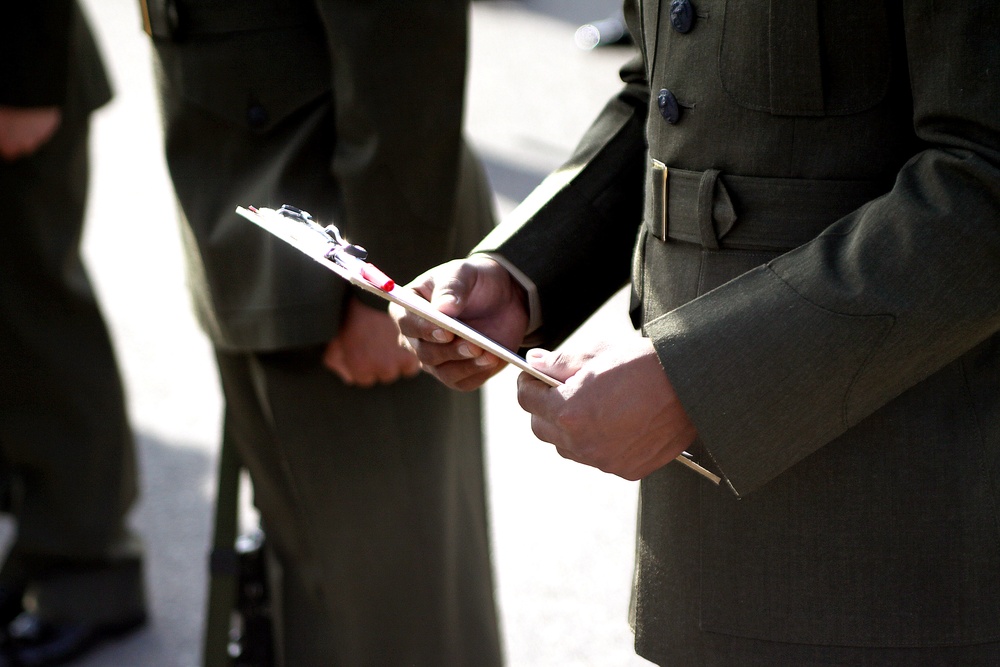 Marine recruits undergo battalion commander's inspection