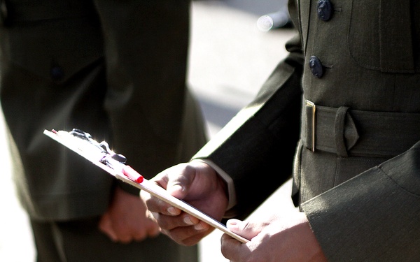 Marine recruits undergo battalion commander's inspection
