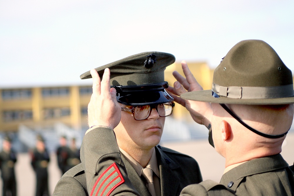 Marine recruits undergo battalion commander's inspection