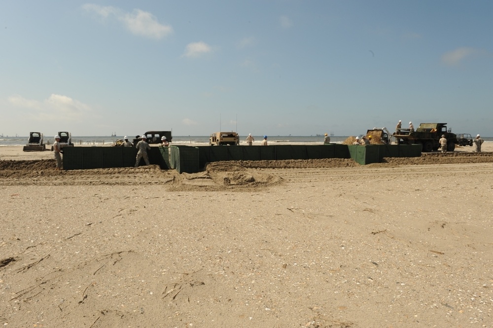 Guardsmen Construct Hesco Wall in Port Fourchon