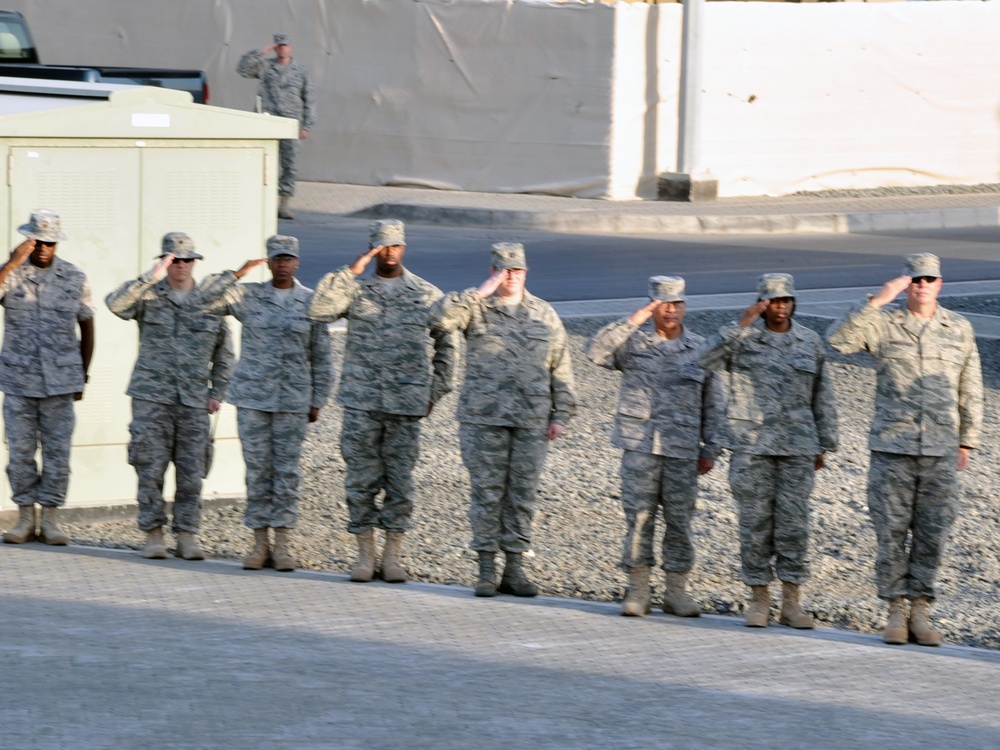 380th Air Expeditionary Wing Staff Airmen Lead Deployed Retreat Ceremony