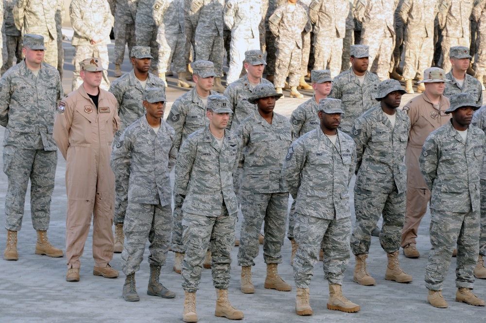 380th Air Expeditionary Wing Staff Airmen Lead Deployed Retreat Ceremony