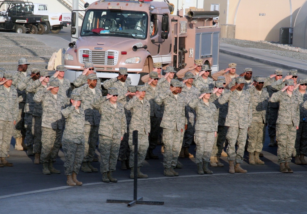 380th Air Expeditionary Wing Staff Airmen Lead Deployed Retreat Ceremony