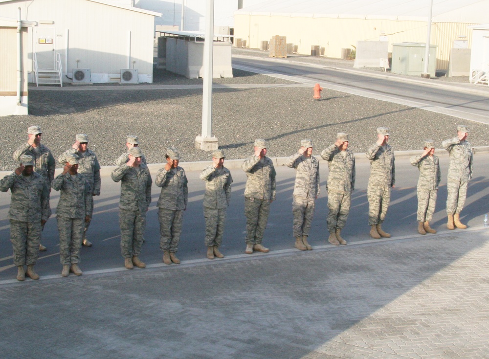 380th Air Expeditionary Wing Staff Airmen Lead Deployed Retreat Ceremony