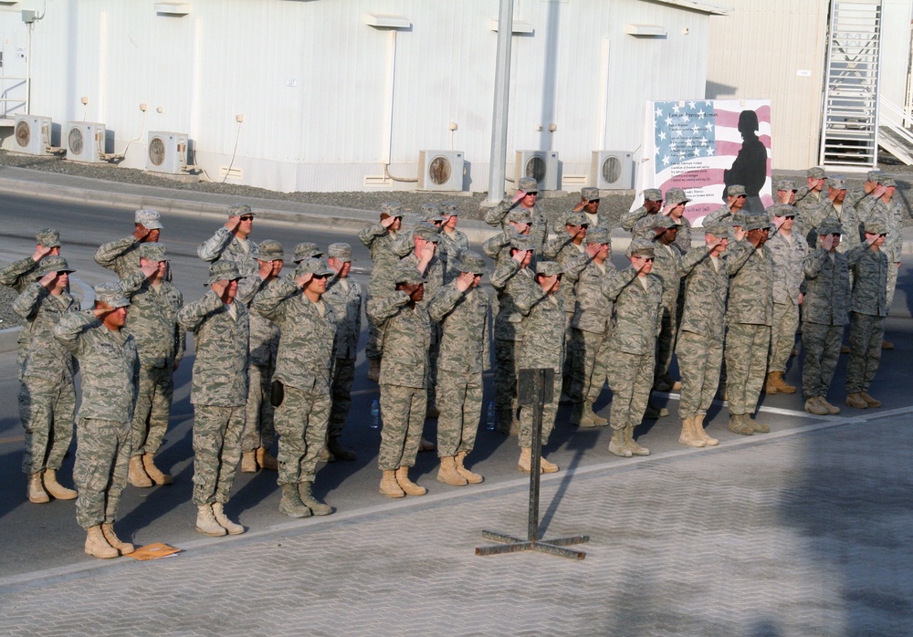 380th Air Expeditionary Wing Staff Airmen Lead Deployed Retreat Ceremony