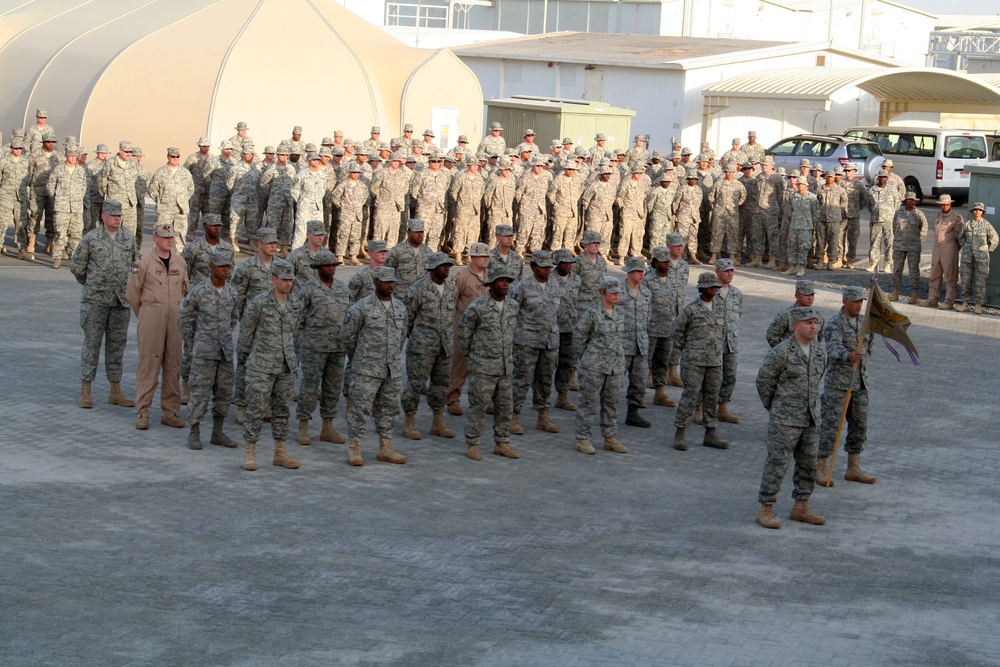 380th Air Expeditionary Wing Staff Airmen Lead Deployed Retreat Ceremony