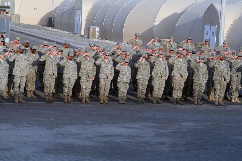 380th Air Expeditionary Wing Staff Airmen Lead Deployed Retreat Ceremony