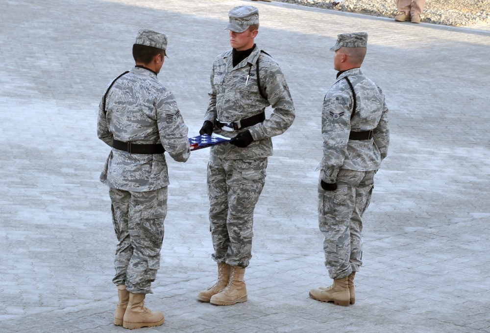 380th Air Expeditionary Wing Staff Airmen Lead Deployed Retreat Ceremony