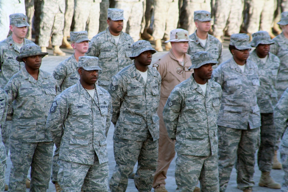 380th Air Expeditionary Wing Staff Airmen Lead Deployed Retreat Ceremony