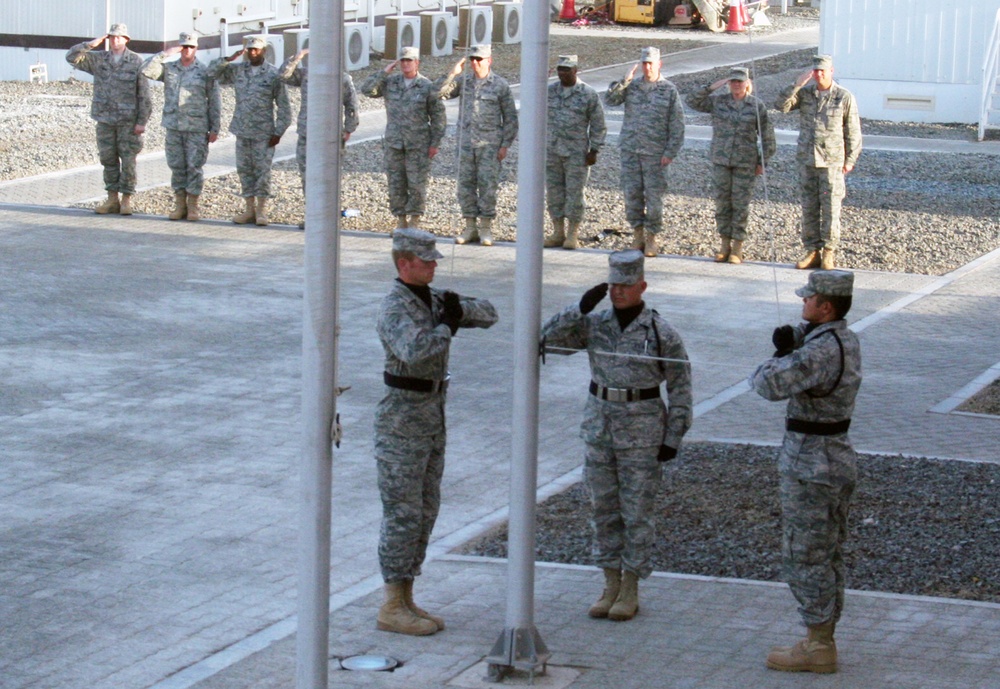 380th Air Expeditionary Wing Staff Airmen Lead Deployed Retreat Ceremony