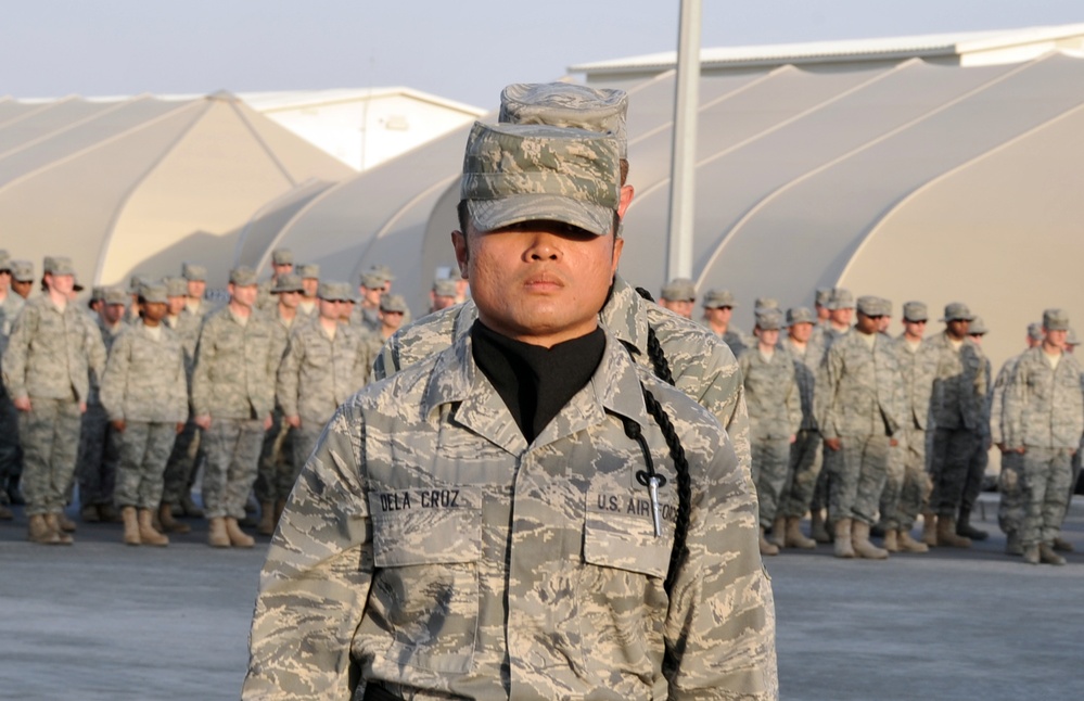 380th Air Expeditionary Wing Staff Airmen Lead Deployed Retreat Ceremony