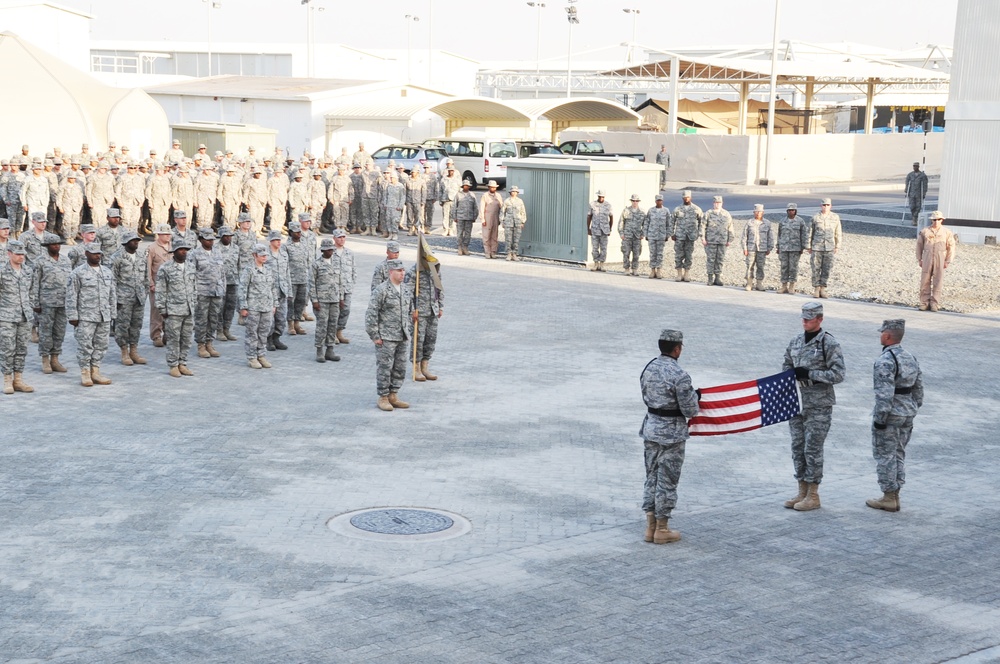 380th Air Expeditionary Wing Staff Airmen Lead Deployed Retreat Ceremony