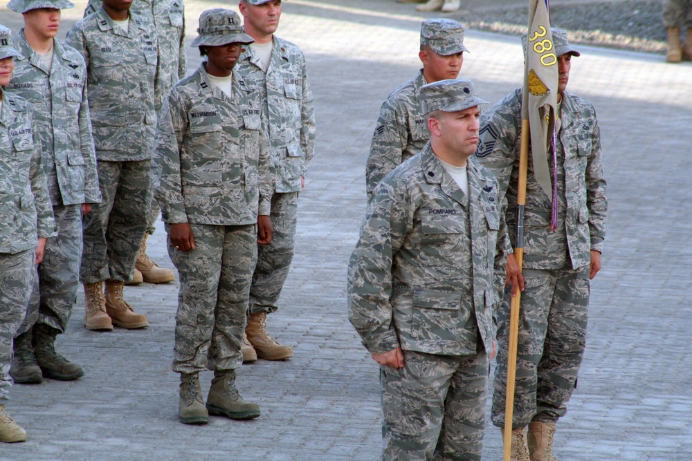 380th Air Expeditionary Wing Staff Airmen Lead Deployed Retreat Ceremony