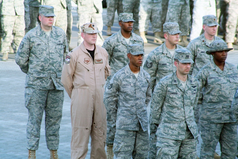 380th Air Expeditionary Wing Staff Airmen Lead Deployed Retreat Ceremony