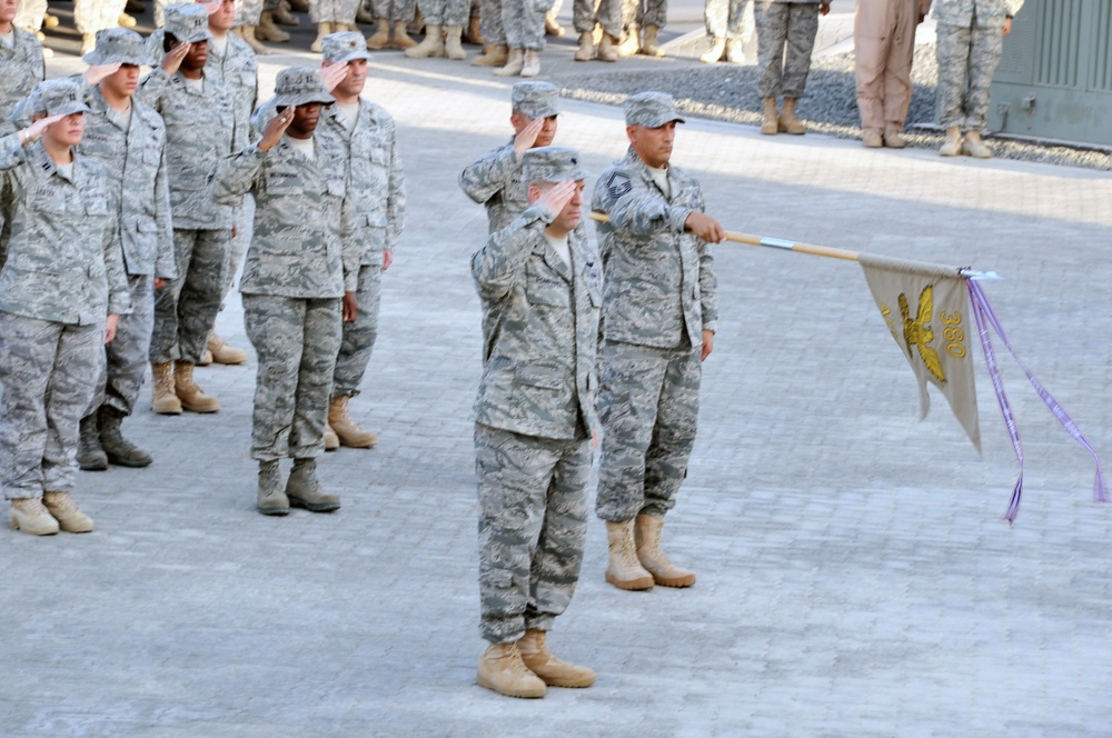 380th Air Expeditionary Wing Staff Airmen Lead Deployed Retreat Ceremony