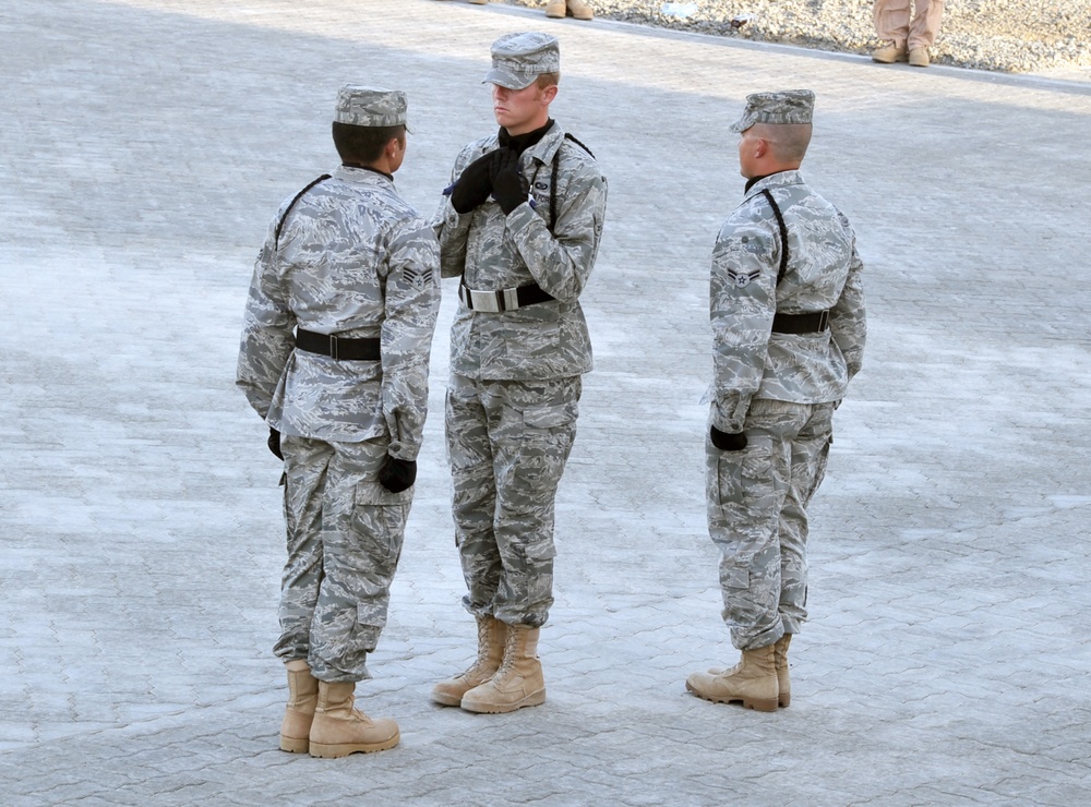 380th Air Expeditionary Wing Staff Airmen Lead Deployed Retreat Ceremony