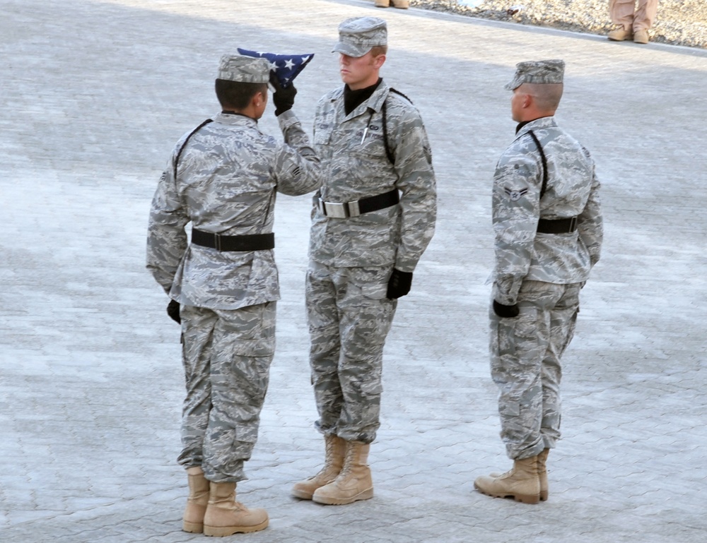 380th Air Expeditionary Wing Staff Airmen Lead Deployed Retreat Ceremony