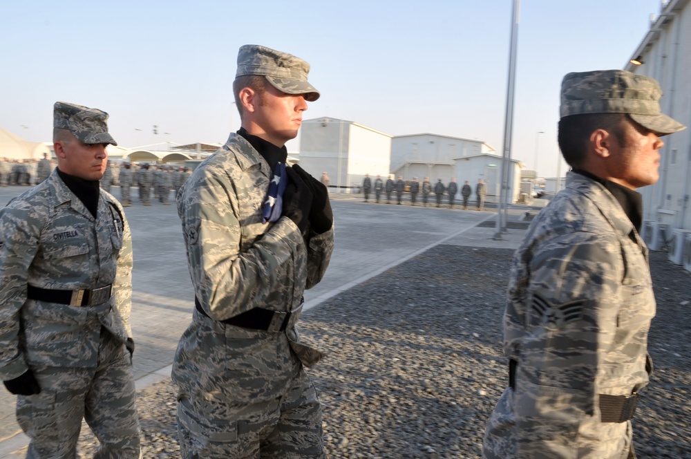 380th Air Expeditionary Wing Staff Airmen Lead Deployed Retreat Ceremony